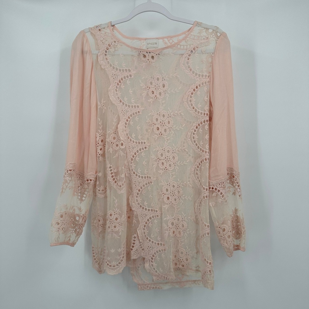Chicos Womens Romantic Lace Top Size 0 US S Feminine Coquette Boho Ethereal Pink